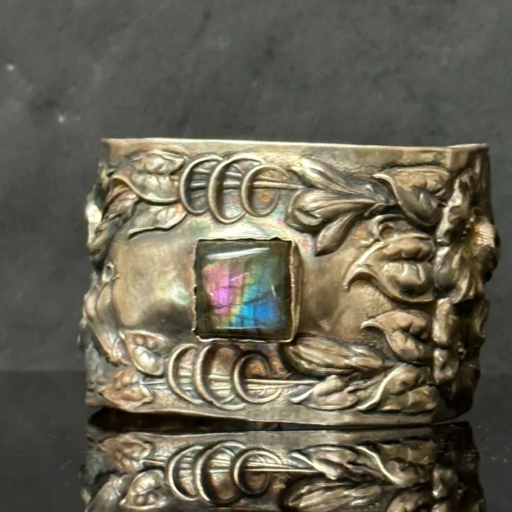 Labradorite Spectralite Sterling Silver 925 Cuff Bracelet Wide Floral Antique